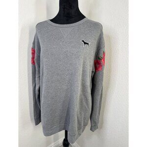 Victorias Secret PINK Grey Crewneck Sweatshirt With Floral Sleeves & Dog Logo